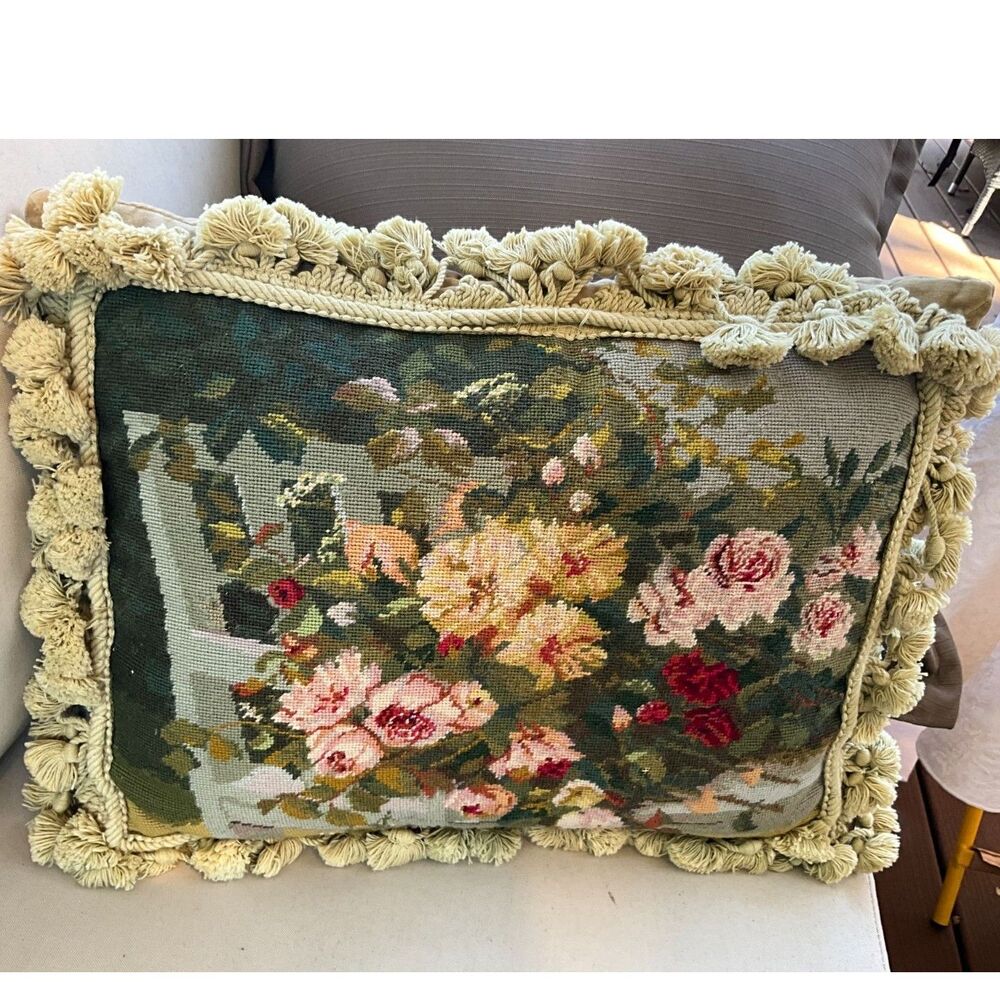 Stunning needlepoint pillow tasseled edges gorgeous Cottagecore Grandmacore